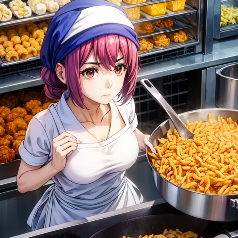 A woman with a towel wrapped around her head making a large amount of tempura at a Korean night market　highest quality　Wearing an apron