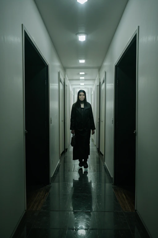 um corredor mal iluminado com um longo piso de madeira, com uma mulher caminhando rumo a uma luz no final do corredor, e uma foto em preto e branco, a hyperrealist painting by Marina Abramović, defog, videoarte, strange and frightening liminal space, scary and disturbing liminal space, liminal space corridor, spooky creepy liminal space, Fotografia estranha de David Lynch, the scary empty liminal spaces, Fotografia Espacial Liminal