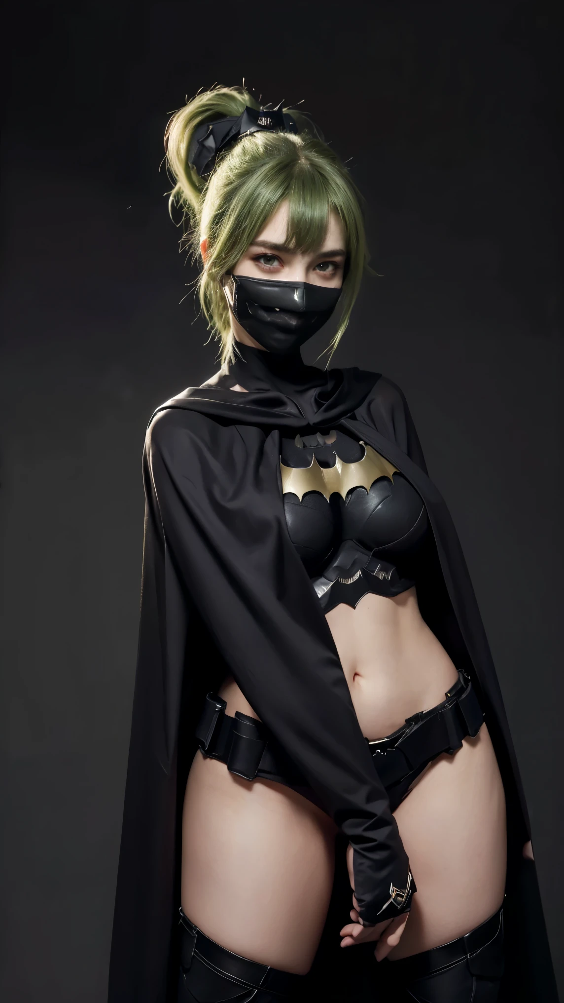 K, Top Quality, Intricate Details, Ultra Detail, Ultra High Resolution, Masterpiece, close up shot, (full body: 1.1), Slender, Smile, (Makeup: 0.4), (Fluffy purple Eyes: 1.21), (()), 1girl, solo, 1 girl, ((green hair, bangs, high ponytail)), close up shot, , ((tall)), (((fit body))), (((slim face))), sharp face, (()) (detailed face), sharp face, small lips, , , ((,, )), , ((batman suit, eyes mask, black cape, batman glove, batman belt)), detailed face, detailed breast, , ((large breast, huge breast)), detail ass, Narrow Waist, Skinny, tall , 190 cm tall, Muscular, Navel, Exposed Abdomen, Pointed Chest,, Beautiful girl with accentuated slender abs: 1.4, Six Pack Abs: 1.4, Bust Botox, Big, Perfect Body, detail leg, (( dark background)), black background,