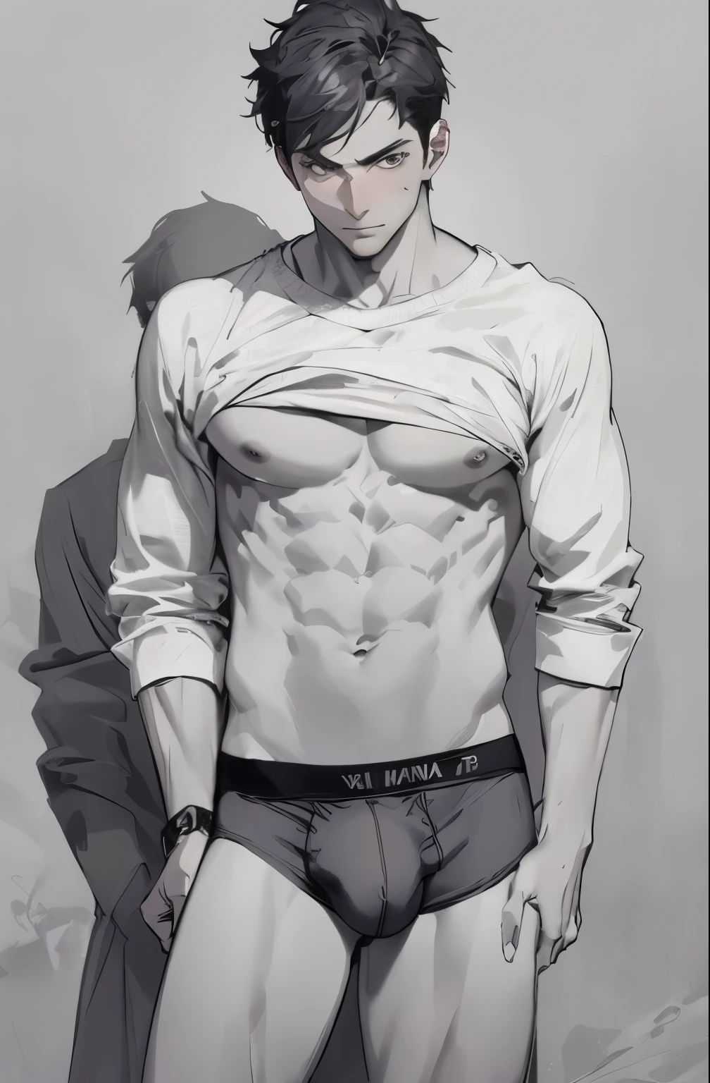 A painting，The painting shows a man in underwear standing in front of a wall, Anime handsome man, Perfect body, Cool anime poses, Isayama&#39;s style, Kentaro Miura Art, Tall anime man with blue eyes, Male Art, [ Strong abdominal muscles ]!!, Handsome Saitama, male anime character, muscular!!