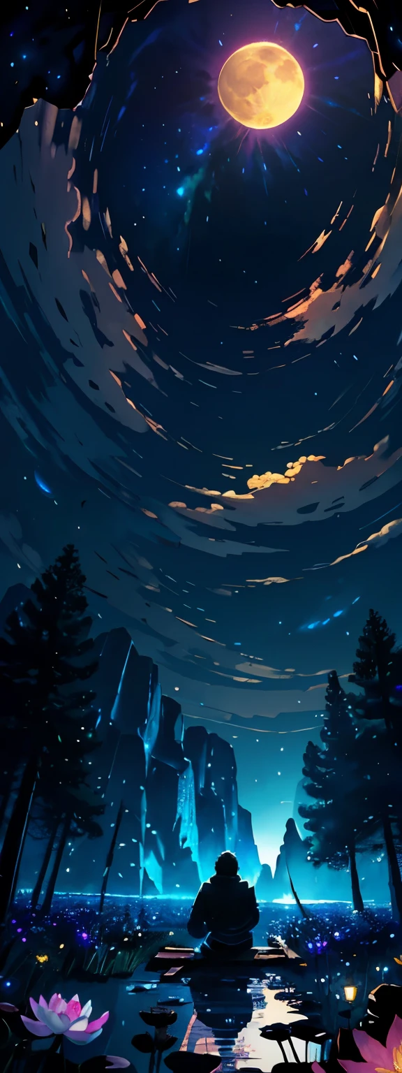 Expansive landscape photograph, (view from below with a view of the sky and the wilderness below), a man meditate in a lotus field looking up, (full moon: 1.2), (shooting star: 0.9), (nebula: 1.3), distant mountain, tree break production art, (warm light source: 1.2), (firefly: 1.2), lamp, purple and orange, intricate detail, volume lighting BREAK (masterpiece: 1.2), (highest quality ), 4k, ultra-detailed, (dynamic configuration: 1.4), highly detailed and colorful details (iridescent: 1.2), (sparkling lighting, atmospheric lighting), dreamy, magical, (solo: 1.2)