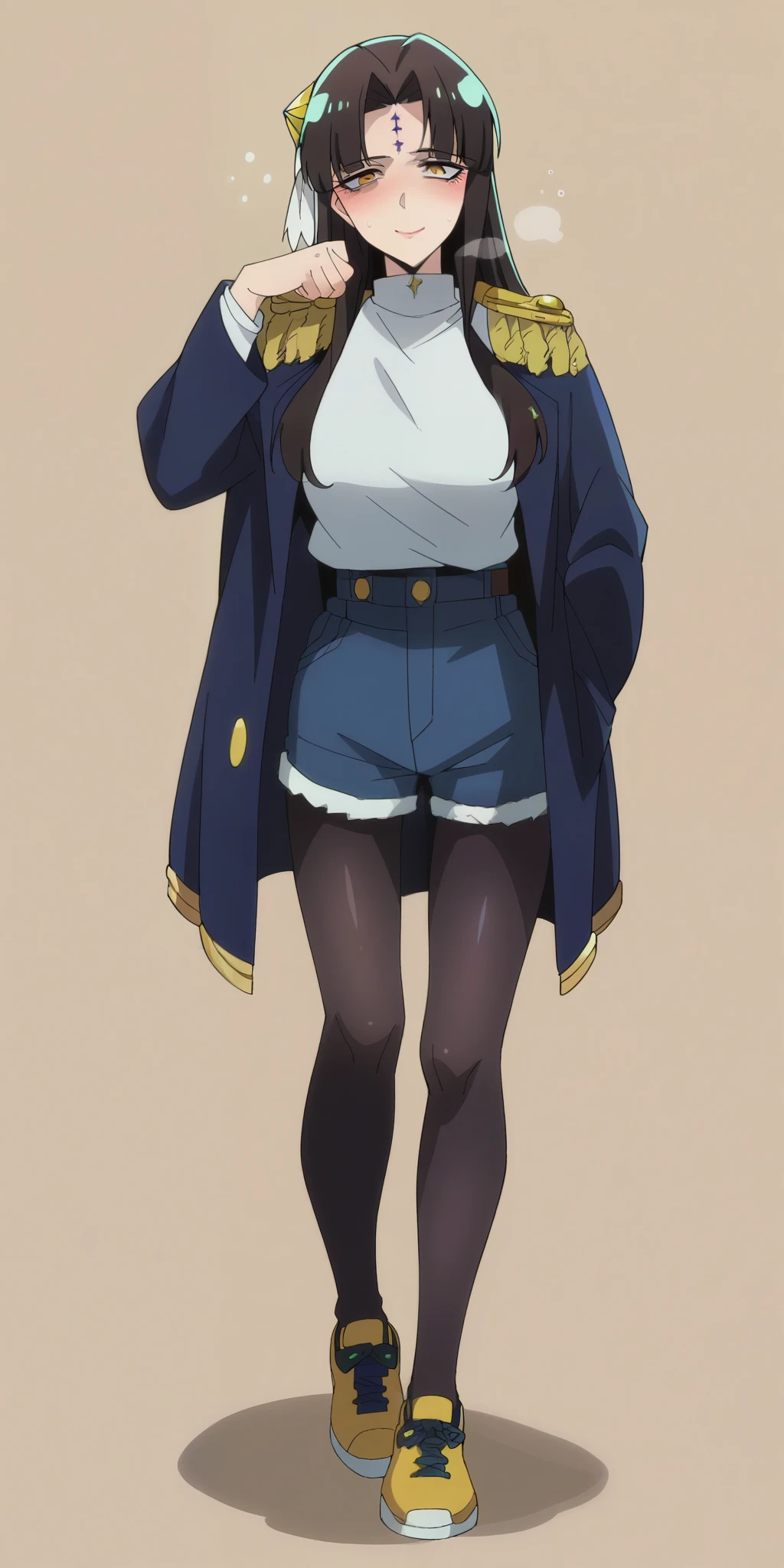 score_9, score_8_up, score_7_up, source_anime, michikotanaka, michiko tanaka, long hair, black hair, yellow eyes, facial mark, forehead mark, michiko_tanaka_mahoushoujoniakogarete, anime_style, (long hair, black hair:1.3), forehead, forehead mark, hair ornament, muscular female, anatomically correct, mature female, curvy, heavy breathing, 1girl, solo, pantyhose, standing, coat, full_body, looking_at_viewer, black_legwear, smile, casual, closed_mouth, shoes, turtleneck, brown_hair, simple_background, blush, bangs, jacket, (bootyshorts:1.4), sneakers, anime coloring, anime screencap, hair ornament, (shaded face:1.2), yellow eyes, drunk, blush, forehead mark, makeup