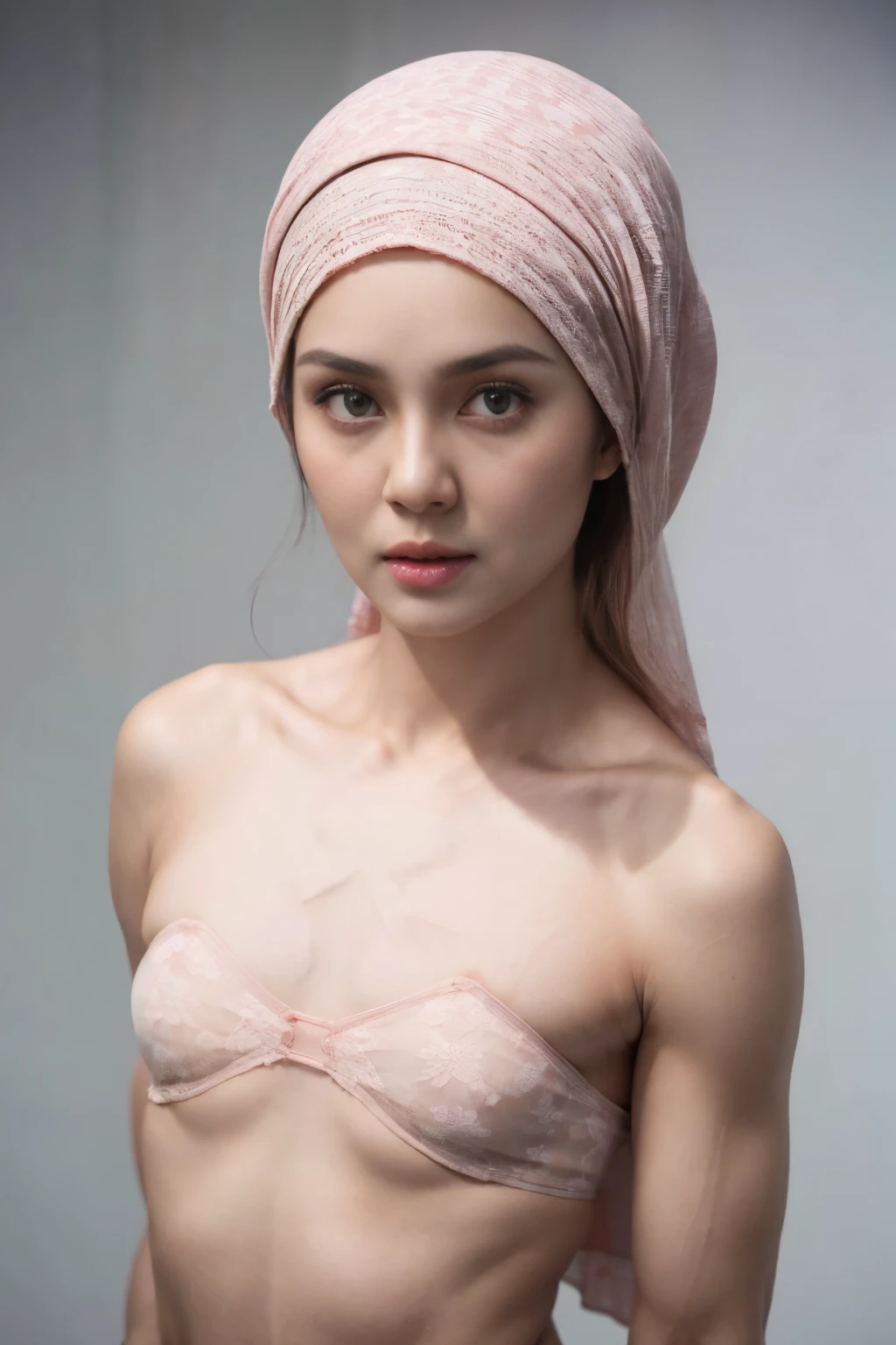 Lace blindfold,  ((HIJAB)), ((Flat chest:1.7)), (dynamic photograph of a 58 year old Indonesian woman), (slim top, cotton panties), (straight non curly hair), (highly detailed face:1.4), (vascular muscles and abs:1.3), (background inside light, bright, private gym:1.1), (8k, uhd, dslr, high quality, cinematic lighting, bokeh), (dramatic, award winning photography, incredible masterpiece:1.3), (((sexy sultry stare at camera:0.8))), close up, ((she is ready to dominate you:0.5)), ((beautiful feminine face)) (she is a champion MMA fighter), add_detail:1, ((Wearing strapless pastel)) lace light red fluorescence , from behind view, seductive pose, straddling ,