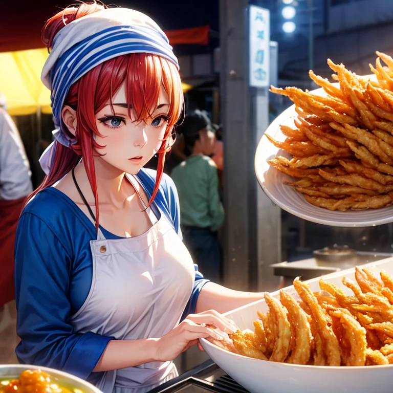 A woman with a towel wrapped around her head making a large amount of tempura at a Korean night market　highest quality　Wearing an apron