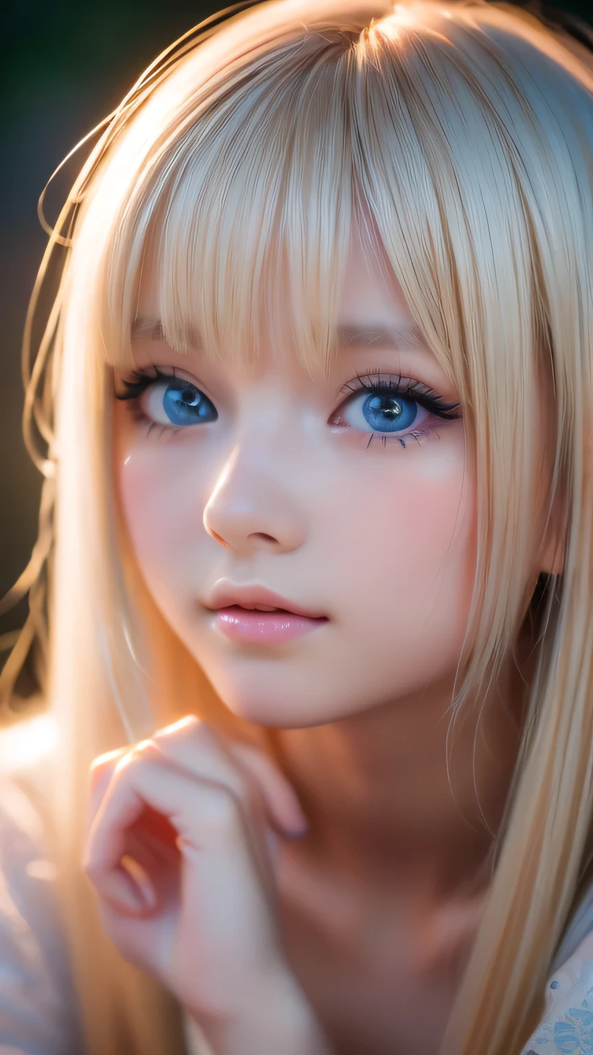 night, Raw photo, (((Very beautiful portrait))), (Glowing Skin)), 1 girl, 16 year old beautiful girl from Prague, (((Natural platinum blonde hair)), [Bright Blue Eyes], Super long hair, eyeliner, Fluttering Hair, bangs over eyes、Vibrant, ((masterpiece, 最high quality, Ultra Detail, Cinematic Light, Intricate details, High resolution, 8K, Very detailed)), Detail Background, 8K uhd, Digital single-lens reflex camera, Soft lighting, high quality, Film Grain, Fujifilm XT3, Shallow depth of field, Natural light, (Perfect hands), Perfect Face, View from afar、Small Face Beauty、