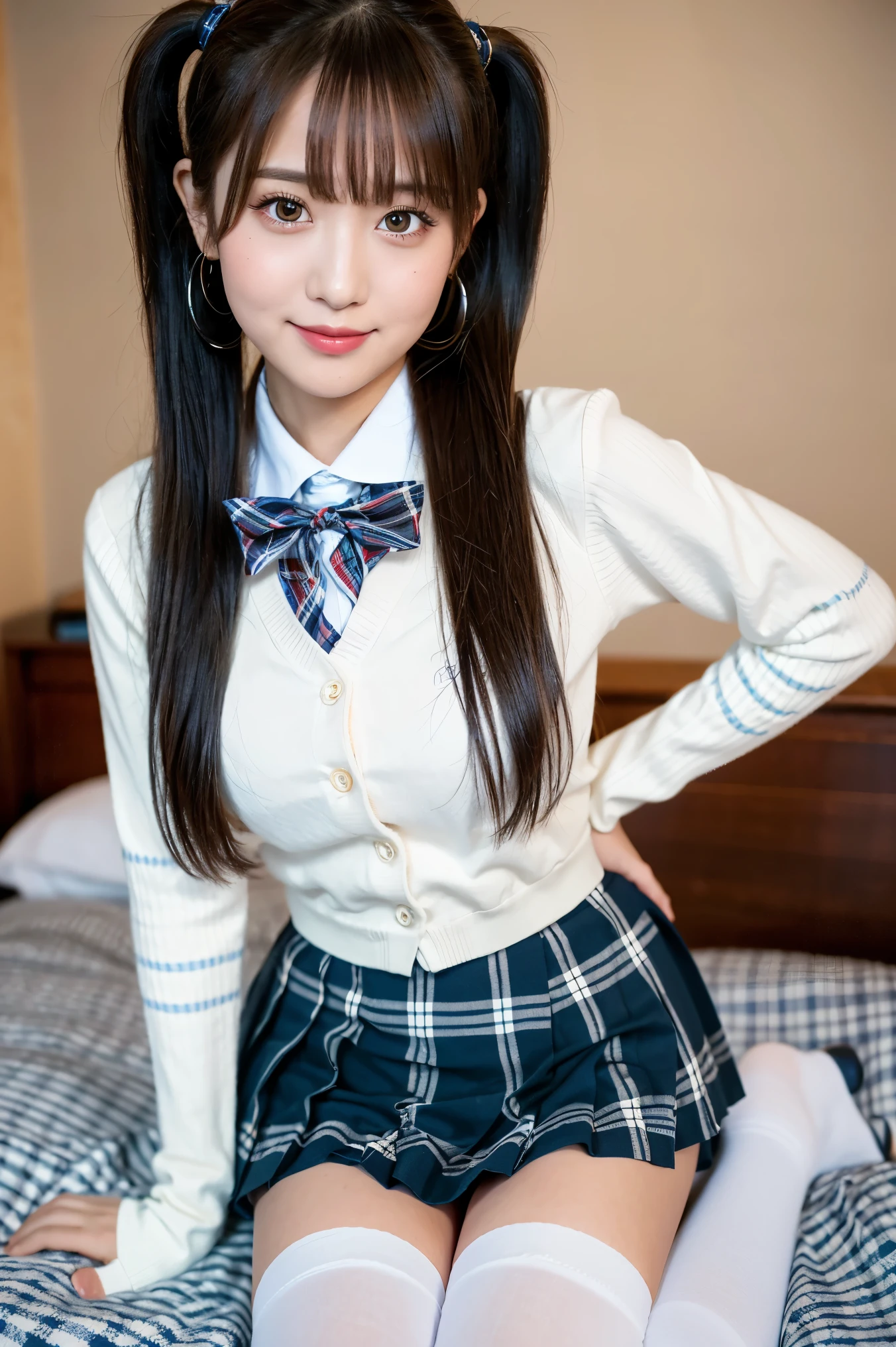 (8k), (highest quality: 1.2), (Realistic), (Realistic: 1.37), Ultra-high resolution, 1 girl, cute, A shy smile, Blushing,Mouth closed, Peach-colored lips,Beautiful details, Beautiful Nose, Beautiful black hair, bangs,Twin tail hair,Giant Dulcefo, pork, Thighs，Self Snap,University Uniforms,all fours,on the bed,A simple blazer,Pleated skirt,(The skirt has a tartan check pattern......:1.3),Crossing your legs, From above,(Thighsにクローズアップ),(光沢のあるThighs),(white knee-high sox:1.2)