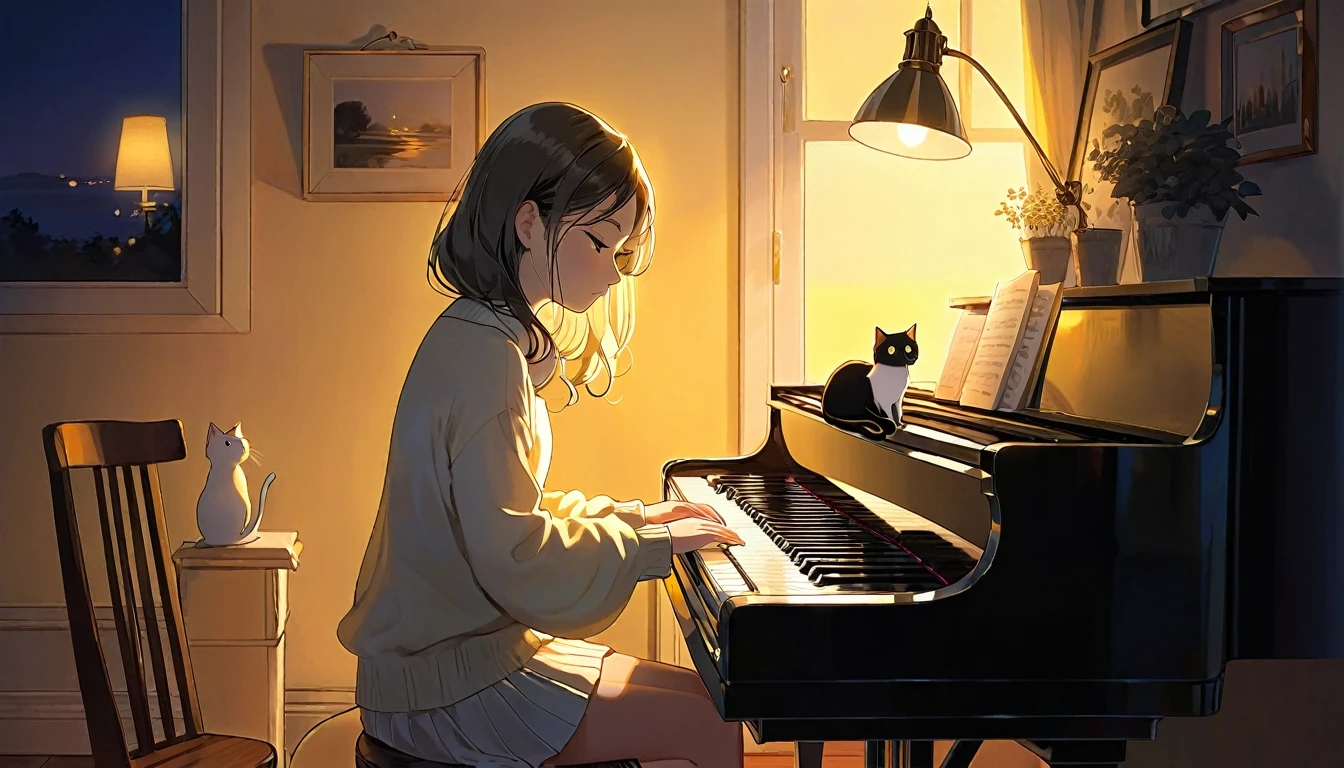 A dusk,
A girl sits in a cozy corner, draw a piano.
The soft yellow light of a desk lamp illuminates her thoughtful expression, revealing deep concentration and a calm posture.
Her gentle gaze is comforting.
It adds to the quiet evening atmosphere, creating a peaceful and tranquil look,with cat.