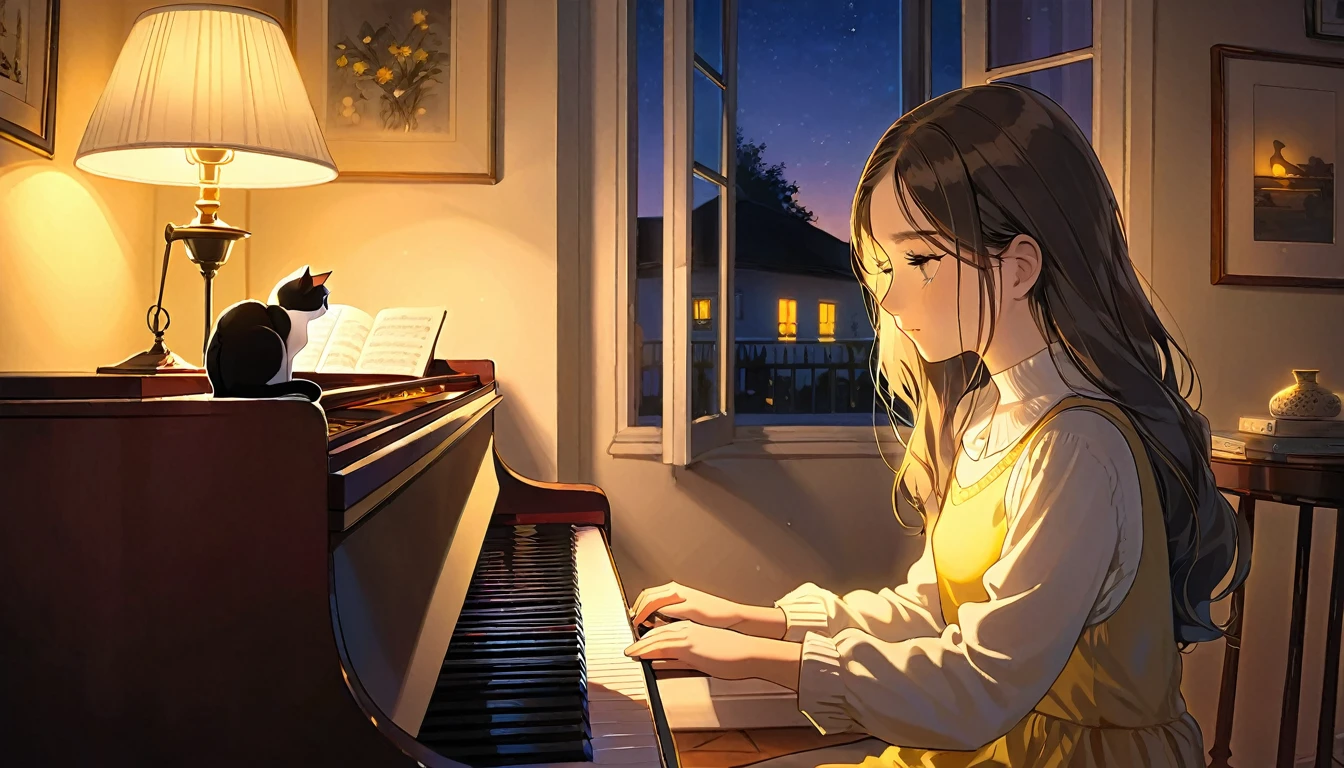 A dusk,
A girl sits in a cozy corner, draw a piano.
The soft yellow light of a desk lamp illuminates her thoughtful expression, revealing deep concentration and a calm posture.
Her gentle gaze is comforting.
It adds to the quiet evening atmosphere, creating a peaceful and tranquil look,with cat.