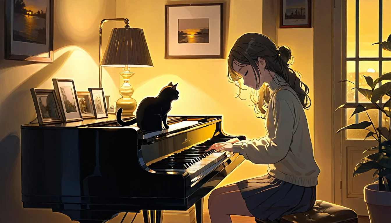 A dusk,
A girl sits in a cozy corner, draw a piano.
The soft yellow light of a desk lamp illuminates her thoughtful expression, revealing deep concentration and a calm posture.
Her gentle gaze is comforting.
It adds to the quiet evening atmosphere, creating a peaceful and tranquil look,with cat.
