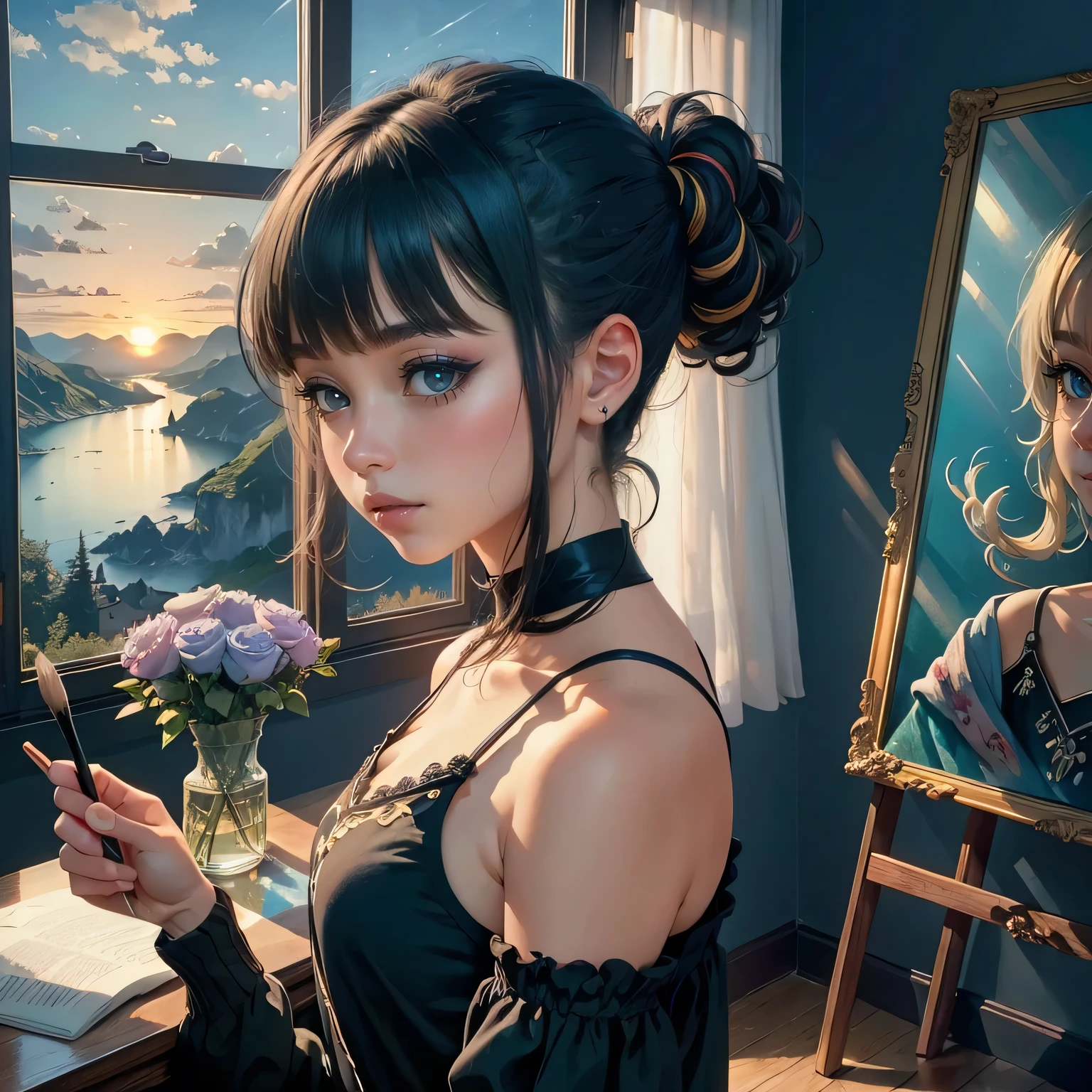 Studio apartment, huge room, Cozy artist's studio, Cute Beautiful Girl、A cute character who wears a mini skirt. Cute Ponytail, highest quality、High resolution、detailed background、(detailed face:1.4)、beautiful and smooth skin, (portrait shot:1.3), easel, color palette, acrylic paints, paintings, large windows, loggia, art, awards, table, sofa, armchairs, mirror, crystals, meditation, harmony, many books on the walls, paintings on the walls, view from the window, sea, mountains, amazing sunset, flower arrangements, paints, brushes, artist's theme, elegant, dynamic bright lighting, happiness, full color, multicolored, artificial, higher detail, super quality, small details, highlights, neon lights, masterpiece, best colors