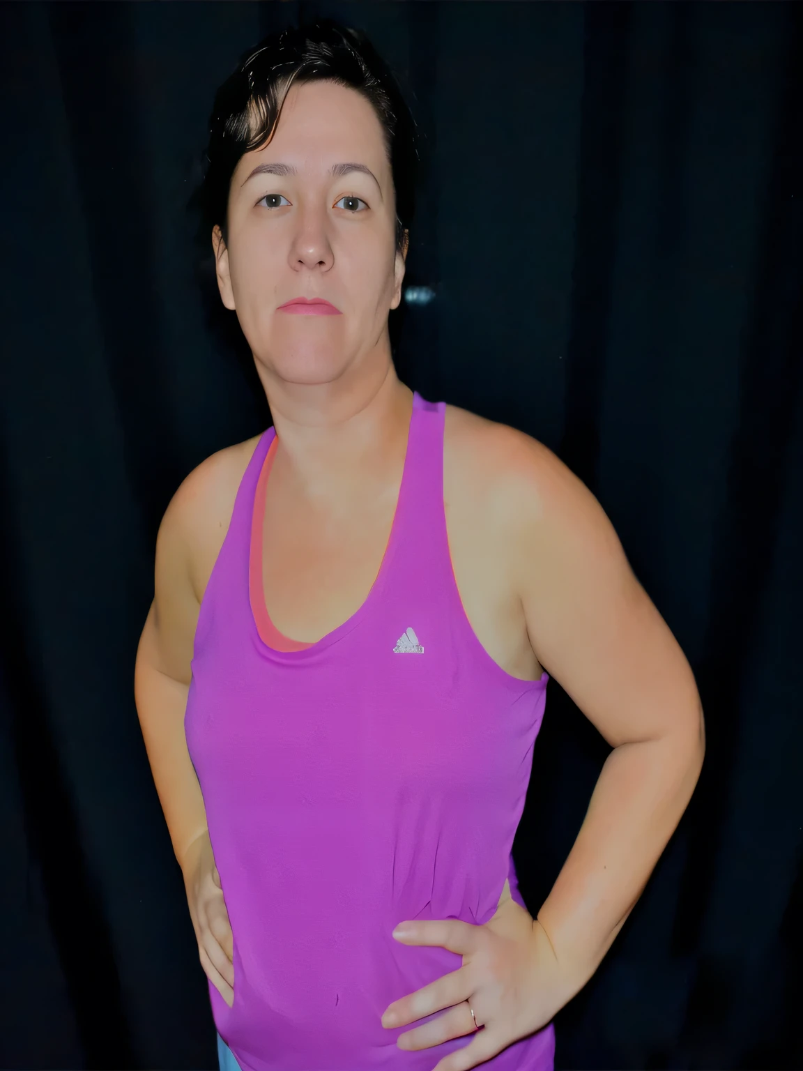 there is a woman in a purple shirt posing for a picture, 3 0 years woman, wearing purple undershirt, 40 years old women, sweating intensely, tired half closed, sweating, sweating hard, sweaty 4 k, portait photo, violet tight tanktop, profile image, sweaty face, solo 3 / 4 portait, fit pic