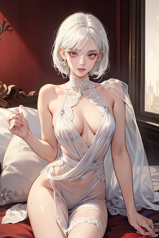 (top quality, masterpiece: 1.3), girls: 1, sexy: 1.5, bob hair, white hair: 1.3, Red eyes, (wet body: 1.2), Pajamas, beautiful, split, very detailed face, detailed lips, detailed eyes, double eyelid, sexy, laugh, beautiful Legs