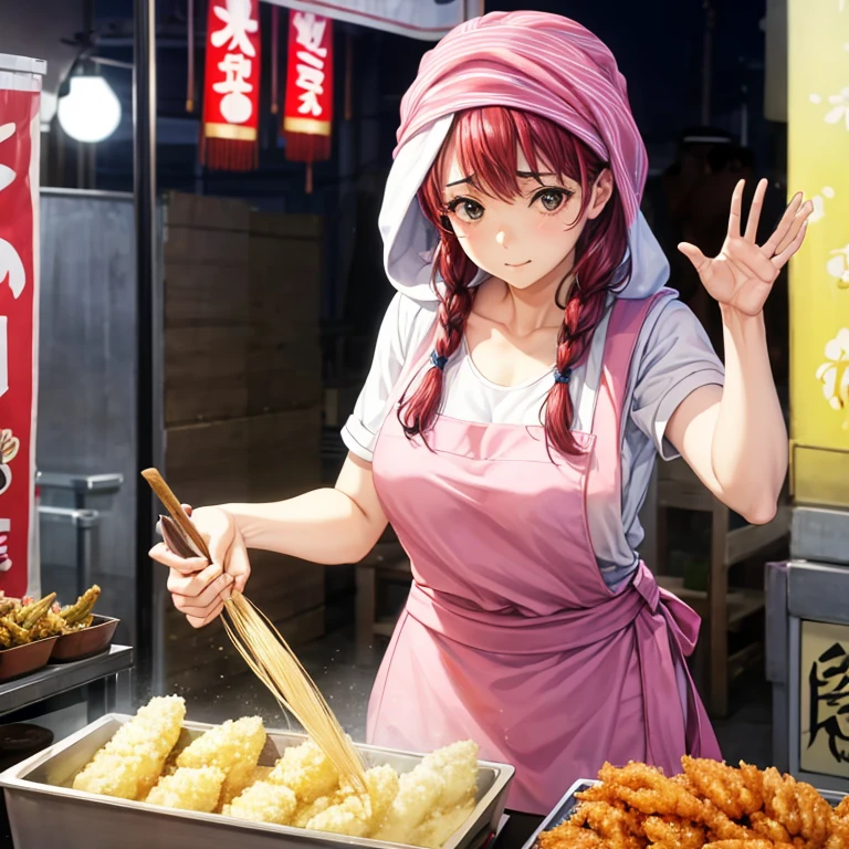 A woman with a towel wrapped around her head making a large amount of tempura at a night market in Korea　highest quality　Wearing an apron