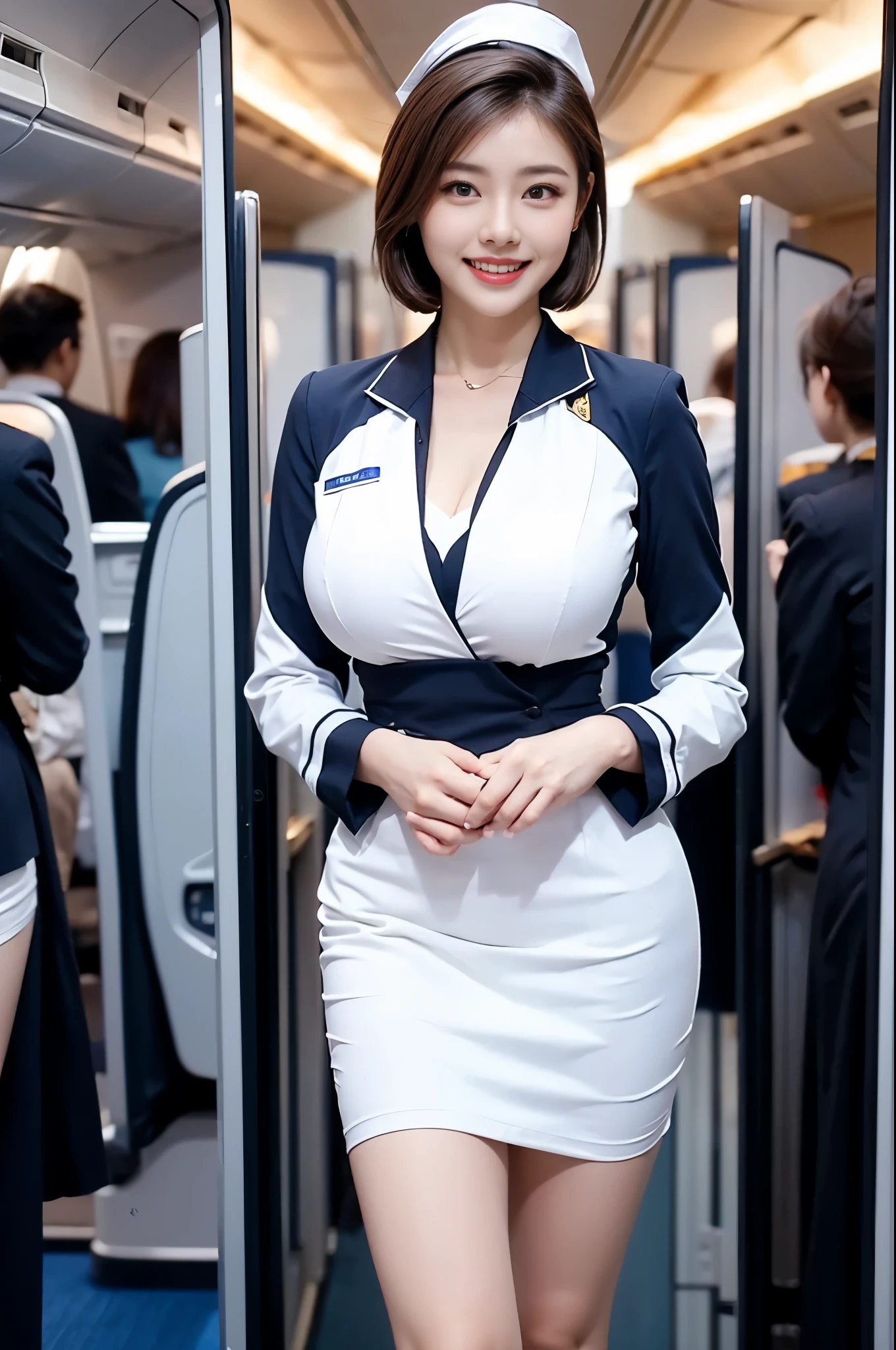 (The Ultimate Beautiful Japan Married Woman), 50s, hyperdetailed face, Detailed lips, (big eye:1.4), Double eyelids, Short brunette hair, (grin)、(White Molded Teeth), (cparted lips), ((Wearing the blue uniform of a flight attendant:1.4))、(open chest), ((large full breasts)), thighs thighs thighs thighs、(Cowboy Shot:1.3), Perfect fit, depth of fields、Perfect image realism, Background with:((On the plane))、Meticulous background, detailed costume, Perfect litthing、Hyper-Realism、Photorealsitic、8K maximum resolution, (masterpiece), ighly detailed, Professional