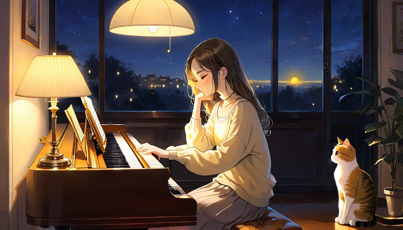 A dusk,
A girl sits in a cozy corner, draw a piano.
The soft yellow light of a desk lamp illuminates her thoughtful expression, revealing deep concentration and a calm posture.
Her gentle gaze is comforting.
It adds to the quiet evening atmosphere, creating a peaceful and tranquil look,with cat.