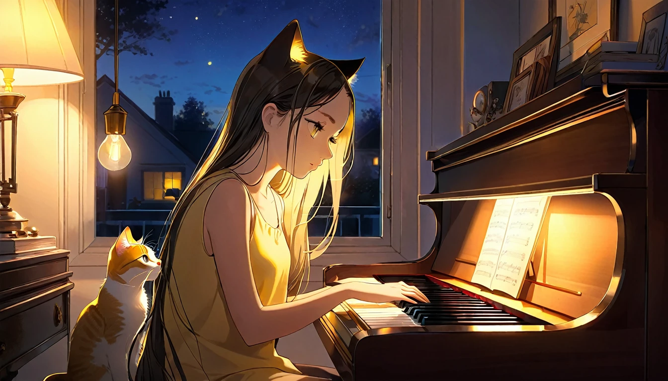 A dusk,
A girl sits in a cozy corner, draw a piano.
The soft yellow light of a desk lamp illuminates her thoughtful expression, revealing deep concentration and a calm posture.
Her gentle gaze is comforting.
It adds to the quiet evening atmosphere, creating a peaceful and tranquil look,with cat.
