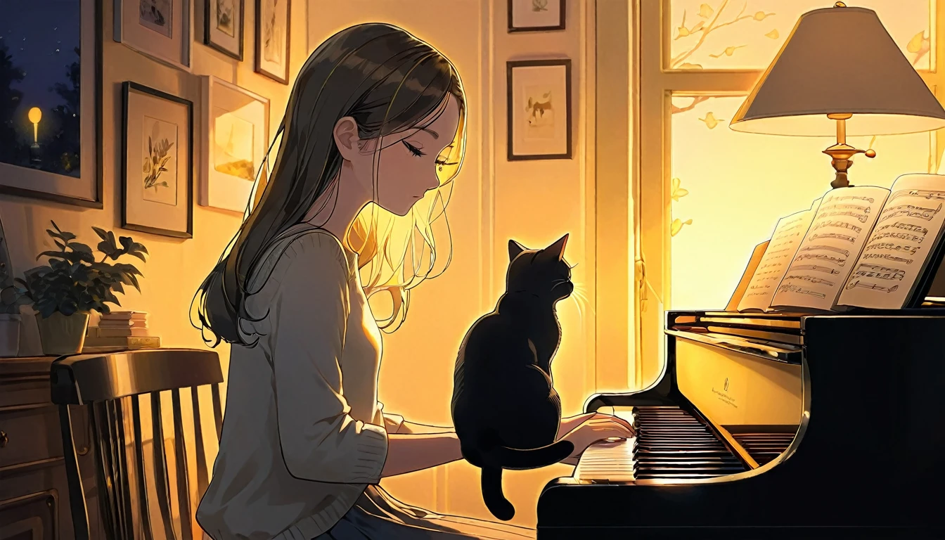 A dusk,
A girl sits in a cozy corner, draw a piano.
The soft yellow light of a desk lamp illuminates her thoughtful expression, revealing deep concentration and a calm posture.
Her gentle gaze is comforting.
It adds to the quiet evening atmosphere, creating a peaceful and tranquil look,with cat.
