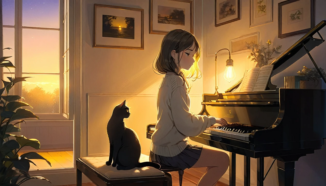 A dusk,
A girl sits in a cozy corner, draw a piano.
The soft yellow light of a desk lamp illuminates her thoughtful expression, revealing deep concentration and a calm posture.
Her gentle gaze is comforting.
It adds to the quiet evening atmosphere, creating a peaceful and tranquil look,with cat.
