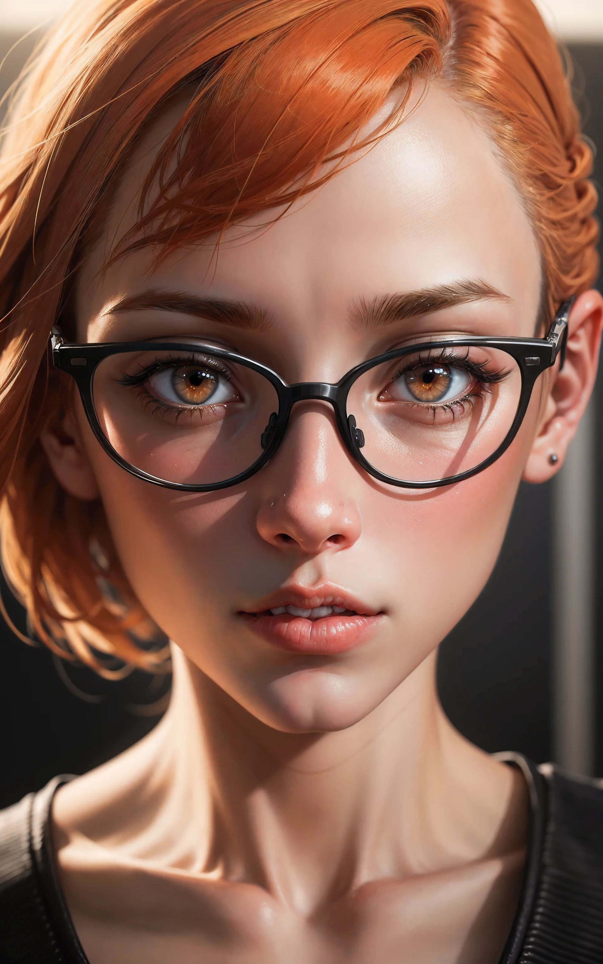 (realistic, photo-realistic: 1.37), (16k, RAW photo, best quality, masterpiece: 1.2), orange eyes, beautiful, ultra-detailed, heart-shaped pupils, physical rendering, ultra high res, front lighting, looking at the viewer, photorealistic, realistic, solo, photorealistic, best quality, extremely detailed face, extremely detailed eyes and face, beautiful detailed eyes, absurd, incredibly absurd, messy short hair, floating hair, ((oaks  agrias)), whole body, radioactive orange hair, glasses, bob cut, portrait, poster, bob cut, lens flare, first-person view, close-up, 16k