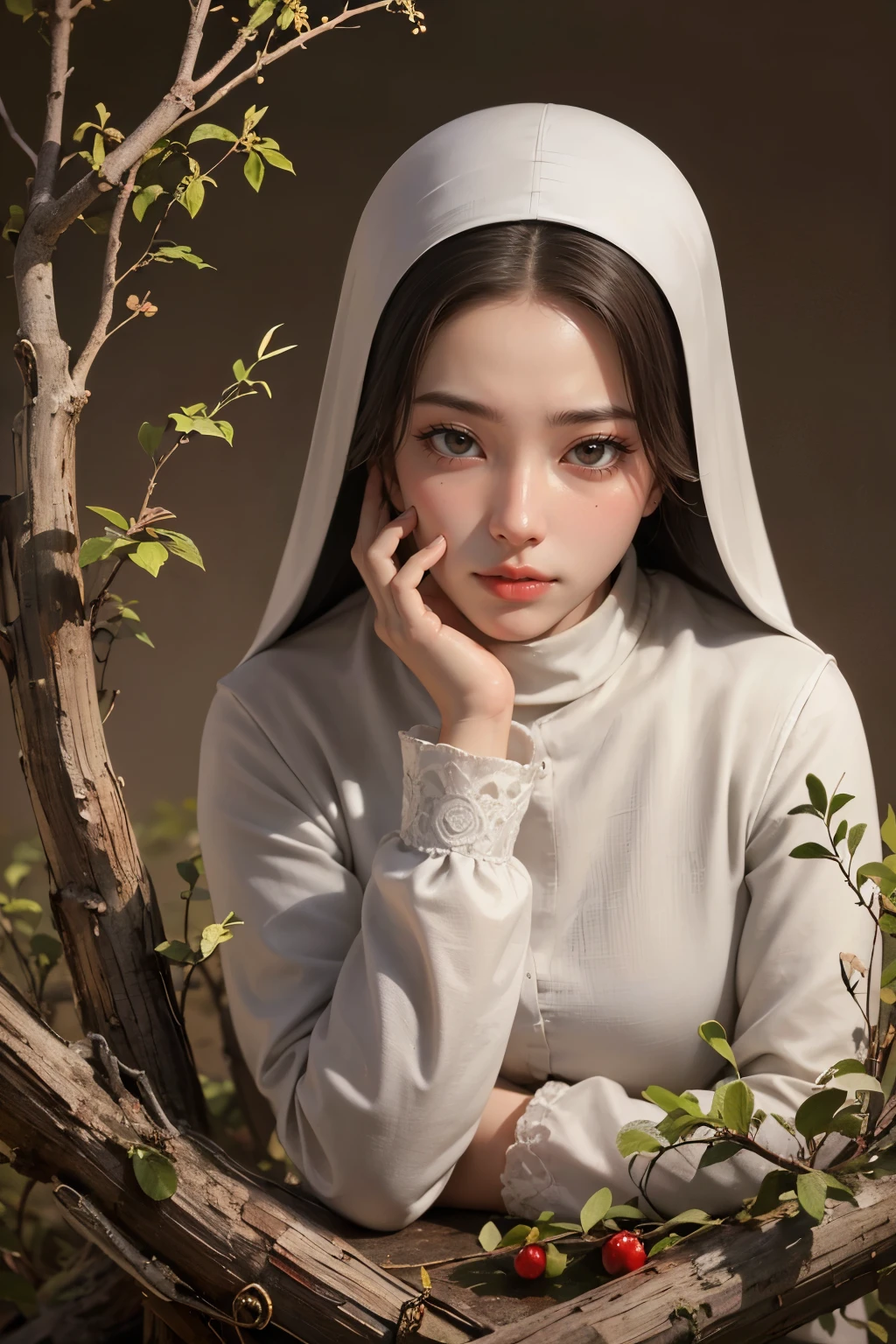 (1.girl, alone), 8k, ((masterpiece),(((highest quality))),((Very detailed)),((((reality)))), reality:1.37, (Ultra-realistic), (High resolution), (Very detailed), (Very detailed fine wallpaper), (detailed aspects), (Beautiful expression), ((Details highest quality skins:1.2)), ((Reddish cheeks)), (Very detailed background, Detailed Background), Perfectly accurate anatomical shape, All hands and feet, Full Finger, 1. Beautiful Women,Mole under the eye, Nun, Hollow Sanctuary, Deep silence, The Sage Emerges, Calm face, Wrapped around the monk's head'Robe, Closed eyelids and beautiful delicate eyelashes, Honorable hand, A worn-out habit, Anklet on hand, Humble attitude, Mental concentration, Mortar Board, A gentle gaze, hand, creaking wooden chair, Ancient parchment, Monastery Cell, Faded murals, Quiet atmosphere, Exquisitely embroidered robe, Sacred Symbols, Devout Faith., Full Body Shot, Fully clothed, Nun kneeling on the floor praying, (((In the high and deep corridor, A monastery with stained glass, 15-year-old girl)))
