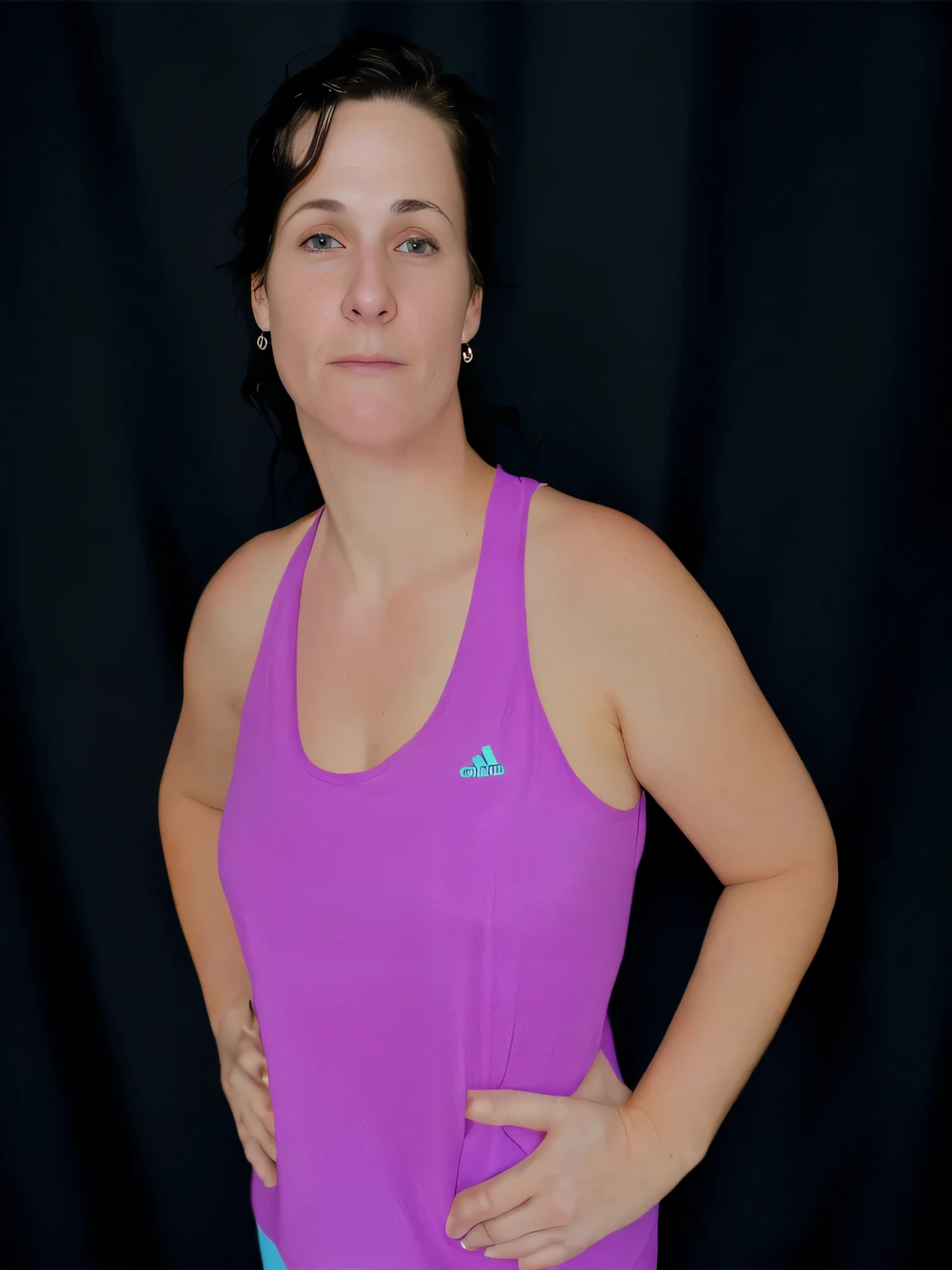 there is a woman in a purple shirt posing for a photo, 40-year-old woman, wearing a purple t-shirt, 40-year-old woman, sweating intensely, tired half closed, sweating, sweating a lot, sweating 4k, portrait photo, violet tight tank top, image of profile, sweaty face, 3/4 solo portrait, suitable photo, black background. She is wearing a vibrant purple-pink sports tank top and mixed shorts (((blue-gray-green-black))), suggesting an active lifestyle or athletic attire for working out. Sharp photo, high quality, high resolution (ultra quality masterpiece), Ultra HD, high contrast, 16K. Masterpiece: 1.3, high resolution, (photographically realistic), NUDE, NUDITY, NFSW.