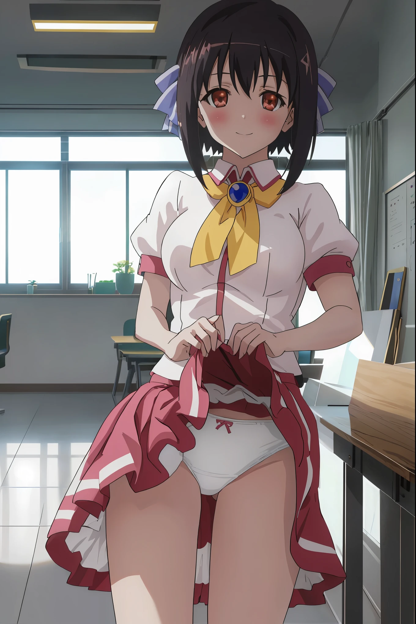 [anime styled]],[[digitalart]],1girl,solo,(portrait),Tomomi_saikyou,black hair,Short hair,bob cut,hair ribbon,midium build,1girl in,short torso,anime screen cap,cel shading,smile, blush,(strong light),((brighten the subject)),classroom,standing,uniform,short sleeves,summer uniform,((upskirt)),((skirt lift)),(tucking up the skirt),(white panties)