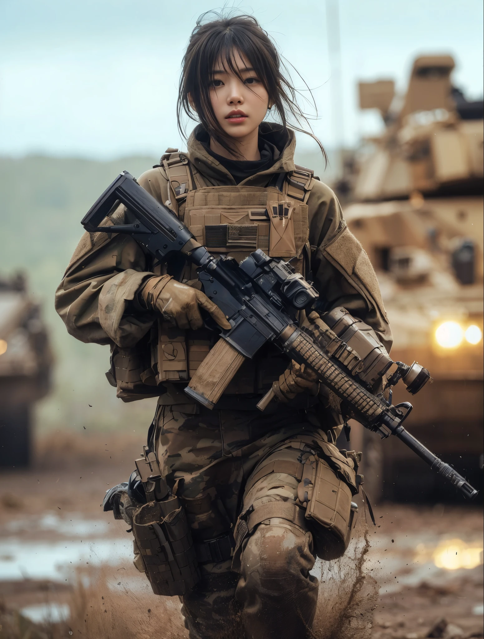 8K, realistic photo, realistic skin texture, Japanese women in the U.S. Army、、wasteland、Muddy、Automatic rifle、Bulletproof vest、backpack、Several tanks and military vehicles are seen in the distance.、Move forward at a fast pace、The background is out of focus