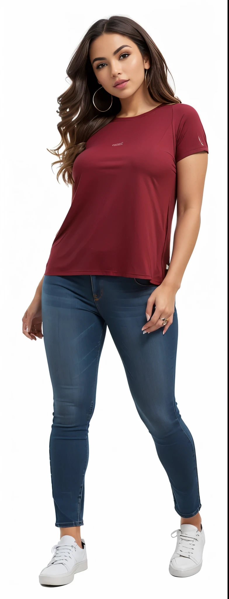 uma mulher com blusa marrom e jeans posando para uma foto, jeans e camiseta, jeans, vestindo uma camisa e um jeans, perto de um magro, Camiseta vermelha brown pants, jeans, wearing pants and t-shirt, Camisa vermelha, vestindo uma camiseta muscular, cintura fina e quadris grossos, halter neck, camisa apertada, Camiseta vermelha