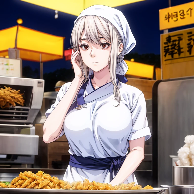 A woman with a towel wrapped around her head making a large amount of tempura at a Korean night market　highest quality　Wearing an apron