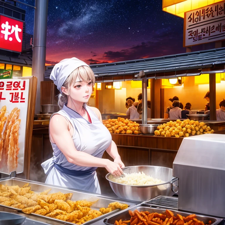 A woman with a towel wrapped around her head making a large amount of tempura at a Korean night market　highest quality　Wearing an apron