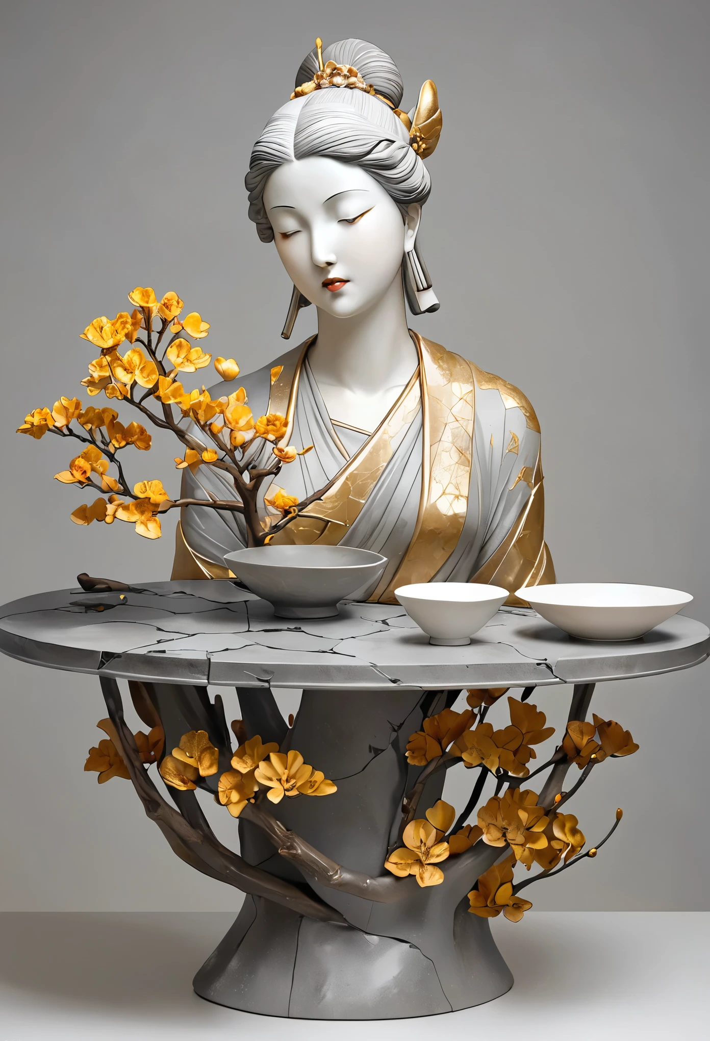 ((exhibit，Still Life Table，Artistic statues，3D Sculpture，ceramics，Surface cracks，Shattered Texture)), Show the beauty of nature.Kaneko，Golden powder， This artwork is presented on a grey background，Emphasize its artistic quality.
