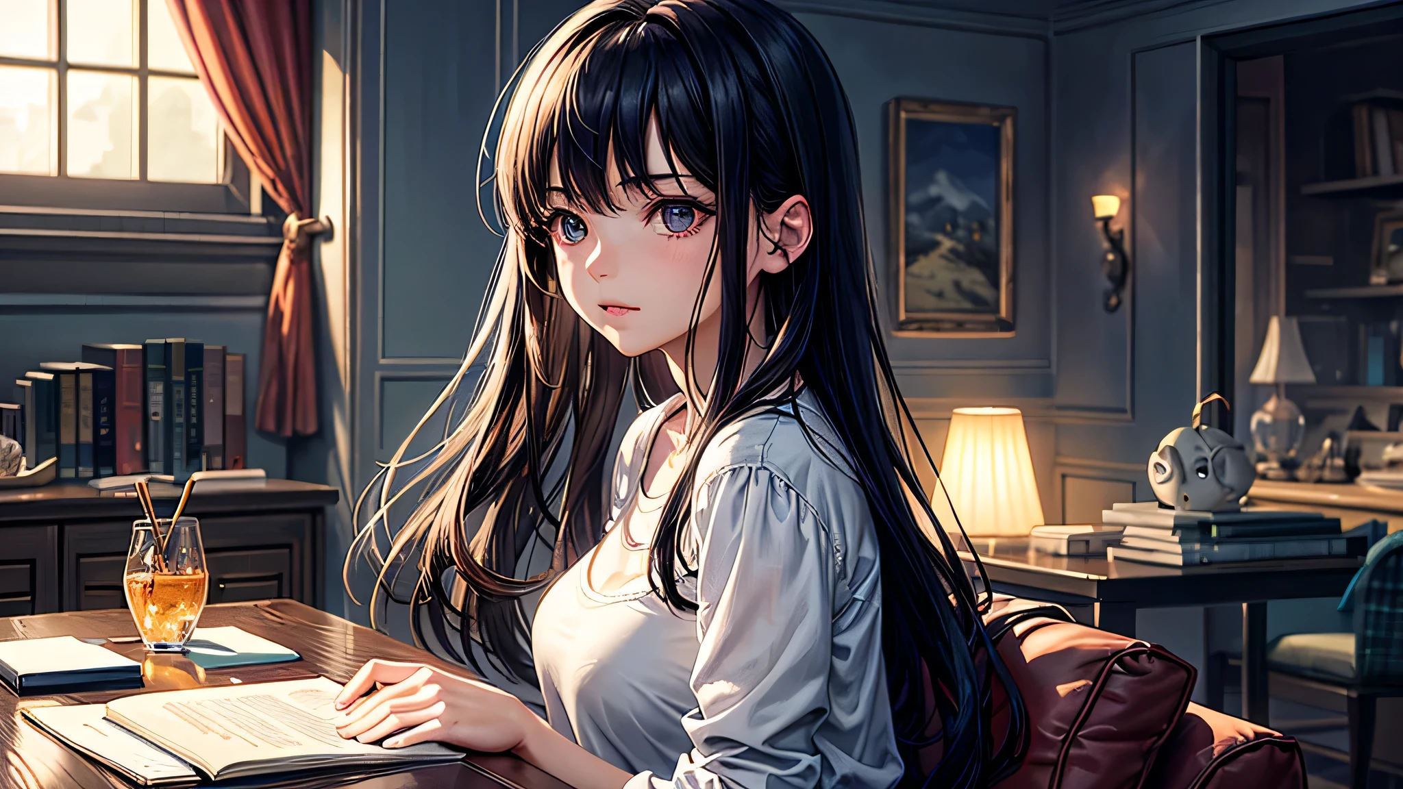 alone, Singular light, woman, face seen from the side, sideways, cosmic, fantsy, looking away:1.4, adult, busty, Ghibli-like design, living room, sitting, dark hair, studying, Completely, landscape orientation, side view, music