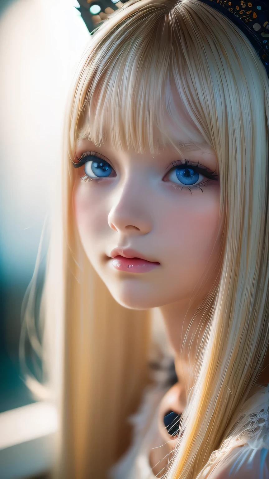 night, Raw photo, (((Very beautiful portrait))), (Glowing Skin)), 1 girl, 16 year old beautiful girl from Prague, (((Natural platinum blonde hair)), [Bright Blue Eyes], Super long hair, eyeliner, Fluttering Hair, bangs over eyes、Vibrant, ((masterpiece, 最high quality, Ultra Detail, Cinematic Light, Intricate details, High resolution, 8K, Very detailed)), Detail Background, 8K uhd, Digital single-lens reflex camera, Soft lighting, high quality, Film Grain, Fujifilm XT3, Shallow depth of field, Natural light, (Perfect hands), Perfect Face, View from afar、Small Face Beauty、
