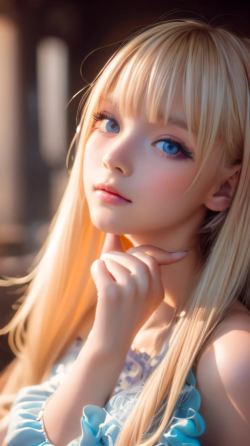 night, Raw photo, (((Very beautiful portrait))), (Glowing Skin)), 1 girl, 16 year old beautiful girl from Prague, (((Natural platinum blonde hair)), [Bright Blue Eyes], Super long hair, eyeliner, Fluttering Hair, bangs over eyes、Vibrant, ((masterpiece, 最high quality, Ultra Detail, Cinematic Light, Intricate details, High resolution, 8K, Very detailed)), Detail Background, 8K uhd, Digital single-lens reflex camera, Soft lighting, high quality, Film Grain, Fujifilm XT3, Shallow depth of field, Natural light, (Perfect hands), Perfect Face, View from afar、Small Face Beauty、