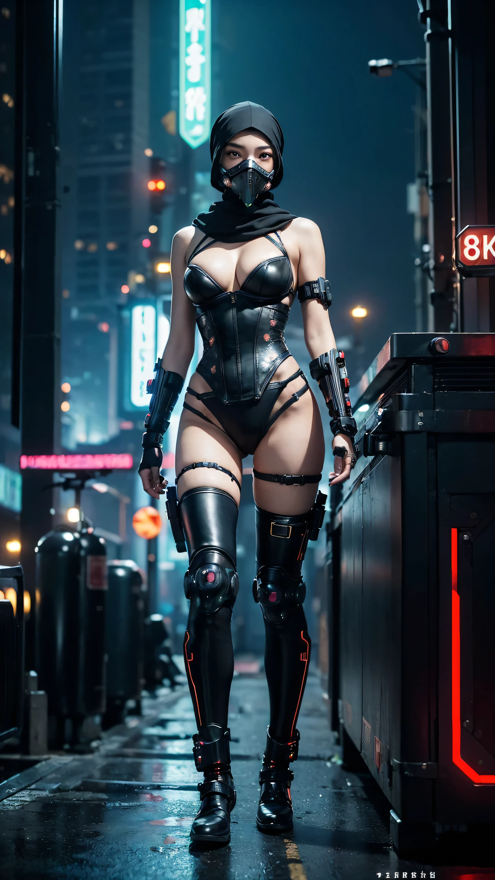 ((Realistic photo, Best quality, 8K, Masterpiece: 1.3)), (raw photo:1.2), Hyperrealist portrait gorgeous Beautiful Chinese warrior girl, , Perfect Figure, pretty body, (beautiful breasts: 1.2), very detailed eyes and face, (lustfully naughty face, heavy makeup: 1.3, blushing), beautiful detailed eyes, seductive sharp eyes, white skin, photo realistic, very detailed face, ((sexy black cyberpunk warrior uniform, cyberpunk black gas mask, cyberpunk black headscarf)), (long legs: 1.2), ((cinematic pose)), (modern night city background)
