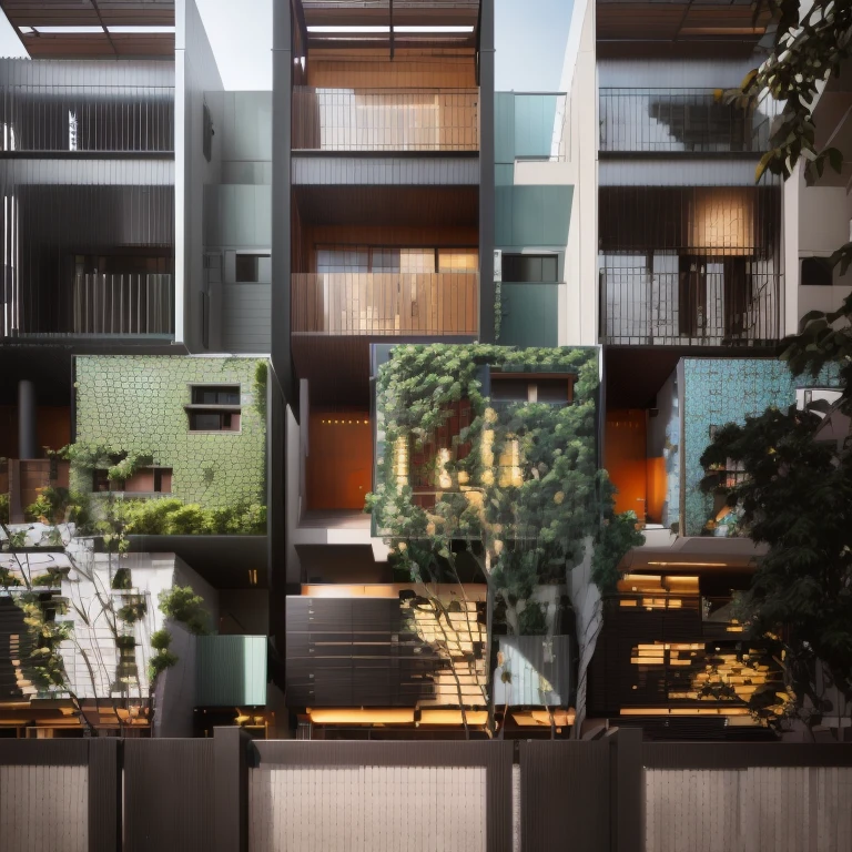 There is a tall building with a wooden fence and a fire hydrant., unit, exterior, Architecture Award Winner, modern lush condo as shopfront, Bangkok, Contemporary architecture, Contemporary, Award-winning modern design, Residential, Have flatulence, Award-winning details”, Award-winning details”, modular, Elaborate lattice balcony, housing architecture, River side, exterior photography