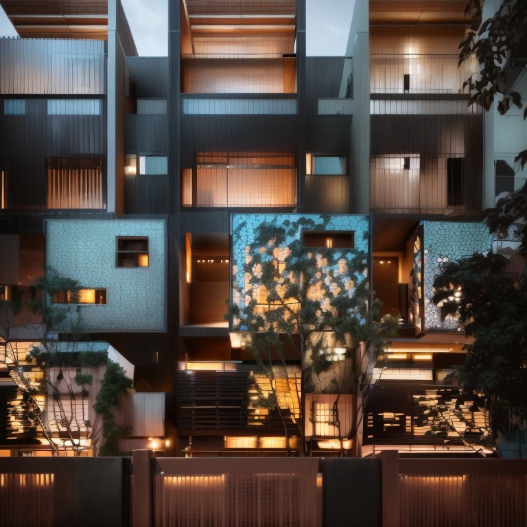 There is a tall building with a wooden fence and a fire hydrant., unit, exterior, Architecture Award Winner, modern lush condo as shopfront, Bangkok, Contemporary architecture, Contemporary, Award-winning modern design, Residential, Have flatulence, Award-winning details”, Award-winning details”, modular, Elaborate lattice balcony, housing architecture, River side, exterior photography