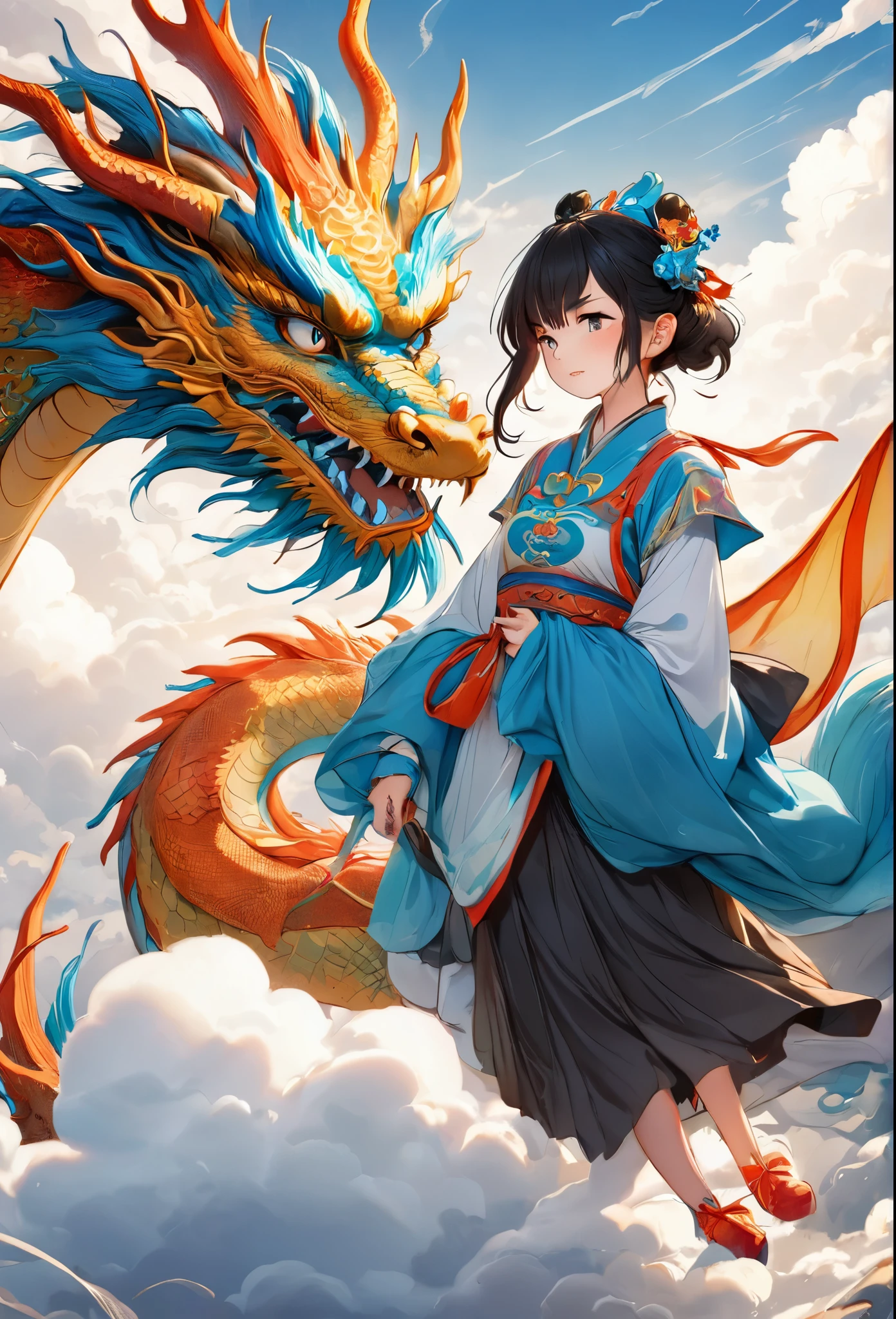 (masterpiece, best quality:1.2), bite_style,1 person,girl,dragon,cloud,Tianguan,cartoon