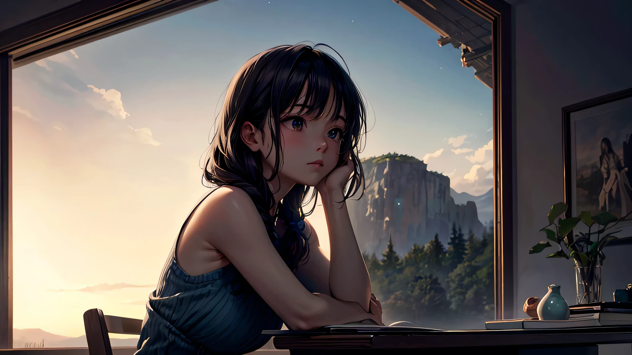 alone, Singular light, woman, face seen from the side, sideways, cosmic, fantsy, looking away:1.4, adult, busty, Ghibli-like design, living room, sitting, dark hair, studying, Completely, landscape orientation, side view, music