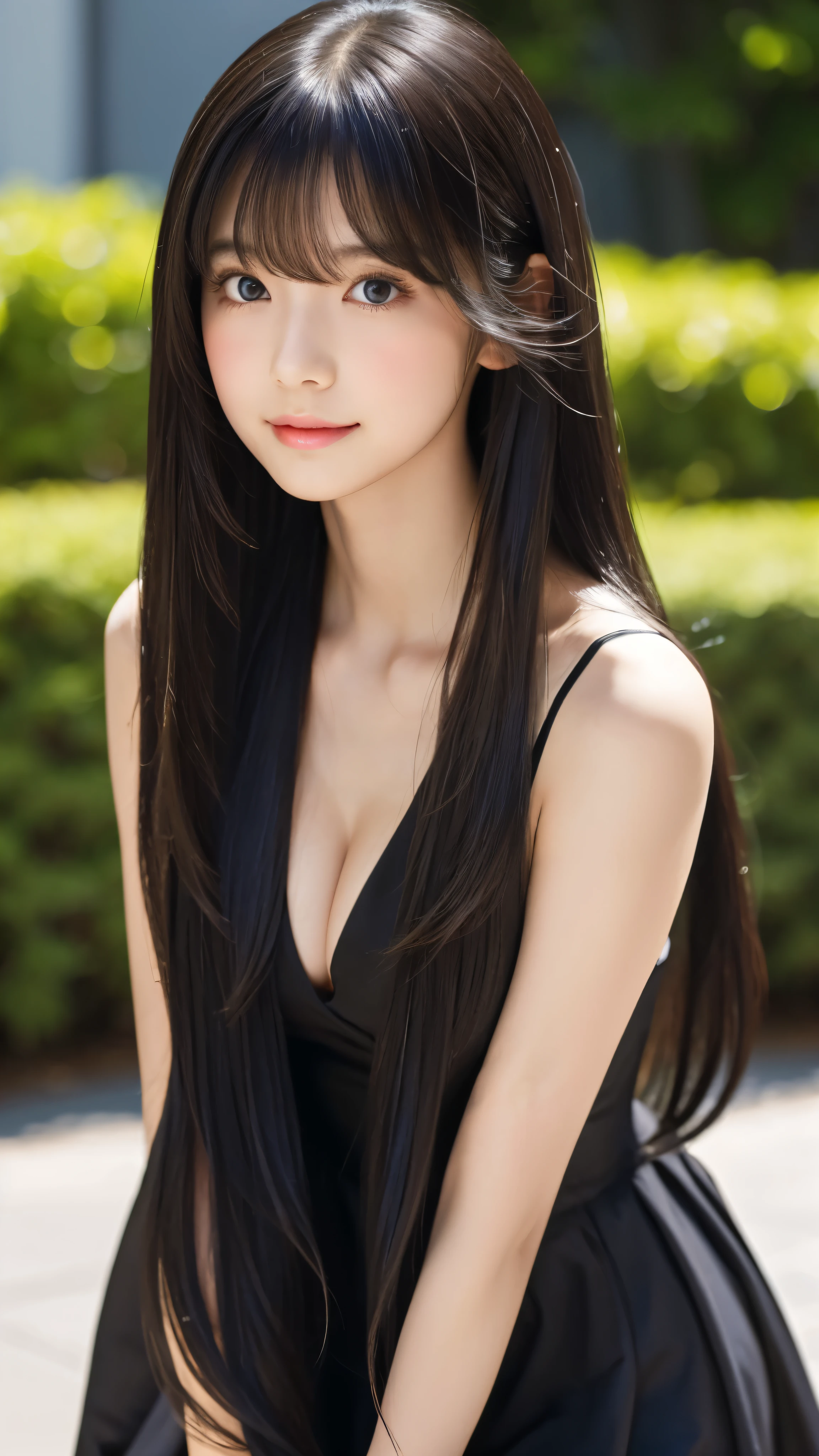 Shining, clear, white skin、Her windblown black hair hides her beautiful face.、huge、Sexy beautiful face of 28 years old、Beautiful straight hair that stands out、growing up, glowing light brown eyes、Sexy long silky bangs covering the eyes, Sexy young woman with super long hair hiding her sexy face、Shiny black hair、(((Sexy Woman)))、The cleavage is visible,Red sexy dress