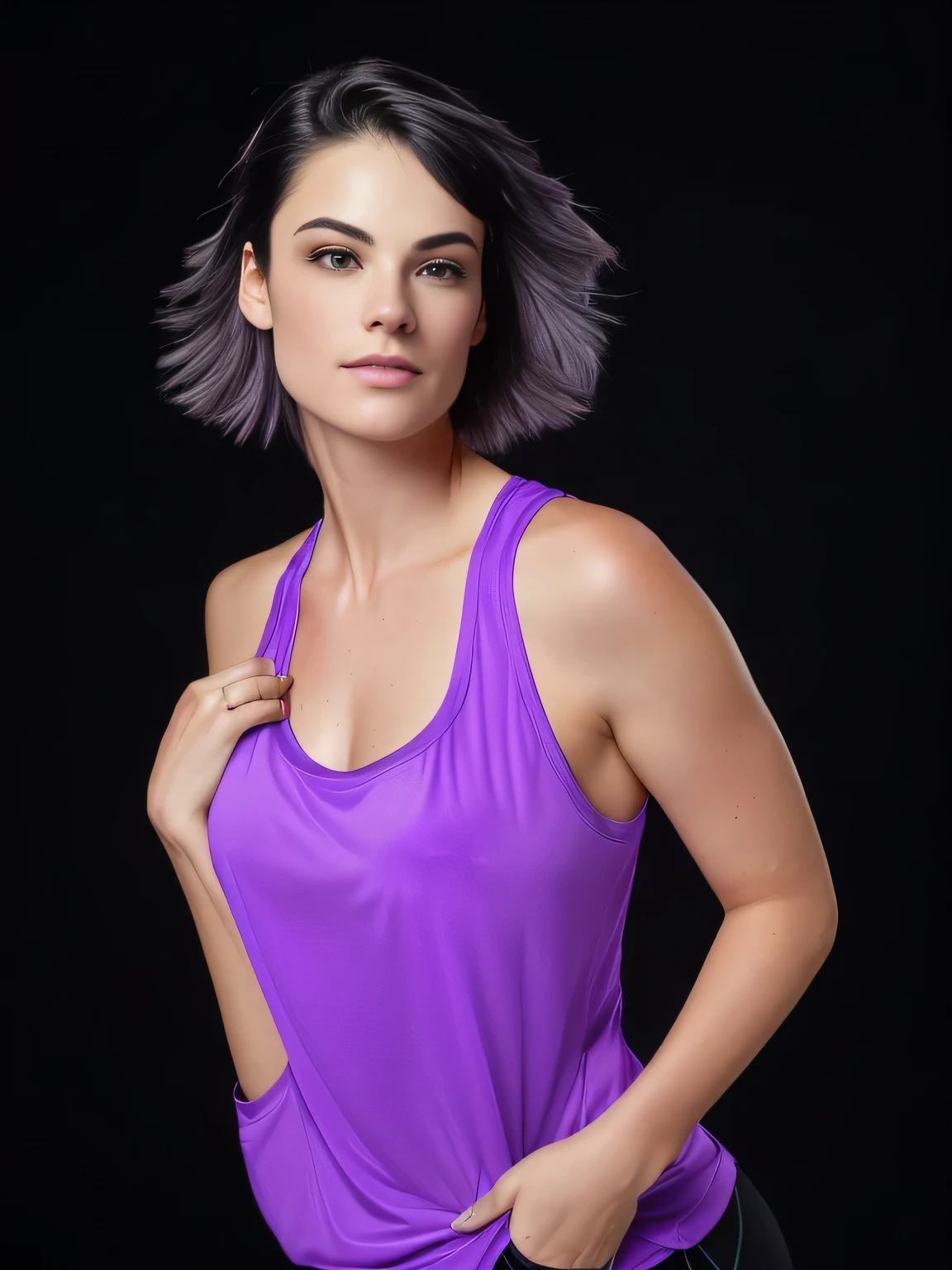 there is a woman in a purple shirt posing for a photo, 40-year-old woman, wearing a purple t-shirt, 40-year-old woman, sweating intensely, tired half closed, sweating, sweating a lot, sweating 4k, portrait photo, violet tight tank top, image of profile, sweaty face, 3/4 solo portrait, suitable photo, black background. She is wearing a vibrant purple-pink sports tank top and mixed shorts (((blue-gray-green-black))), suggesting an active lifestyle or athletic attire for working out. Sharp photo, high quality, high resolution (ultra quality masterpiece), Ultra HD, high contrast, 16K. Masterpiece: 1.3, high resolution, (photographically realistic), NUDE, NUDITY, NFSW.