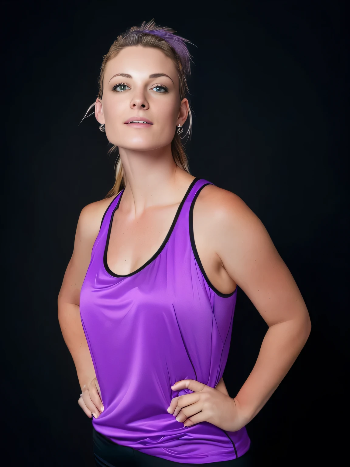 there is a woman in a purple shirt posing for a photo, 40-year-old woman, wearing a purple t-shirt, 40-year-old woman, sweating intensely, tired half closed, sweating, sweating a lot, sweating 4k, portrait photo, violet tight tank top, image of profile, sweaty face, 3/4 solo portrait, suitable photo, black background. She is wearing a vibrant purple-pink sports tank top and mixed shorts (((blue-gray-green-black))), suggesting an active lifestyle or athletic attire for working out. Sharp photo, high quality, high resolution (ultra quality masterpiece), Ultra HD, high contrast, 16K. Masterpiece: 1.3, high resolution, (photographically realistic), NUDE, NUDITY, NFSW.