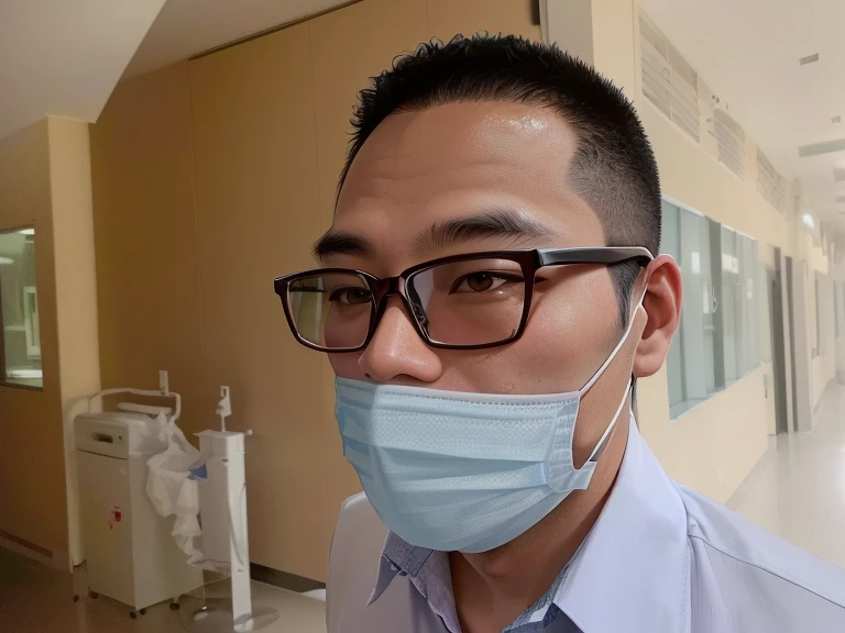 arafed man wearing a face mask and glasses standing in a hallway, wearing mask, surgical mask covering mouth, wearing facemask, wearing facemask and sunglasses, wearing a mask, bao pham, medical mask, profile image, dang my linh, profile portrait, in profile, profile photo, profile picture, wearing transparent glass mask, 2