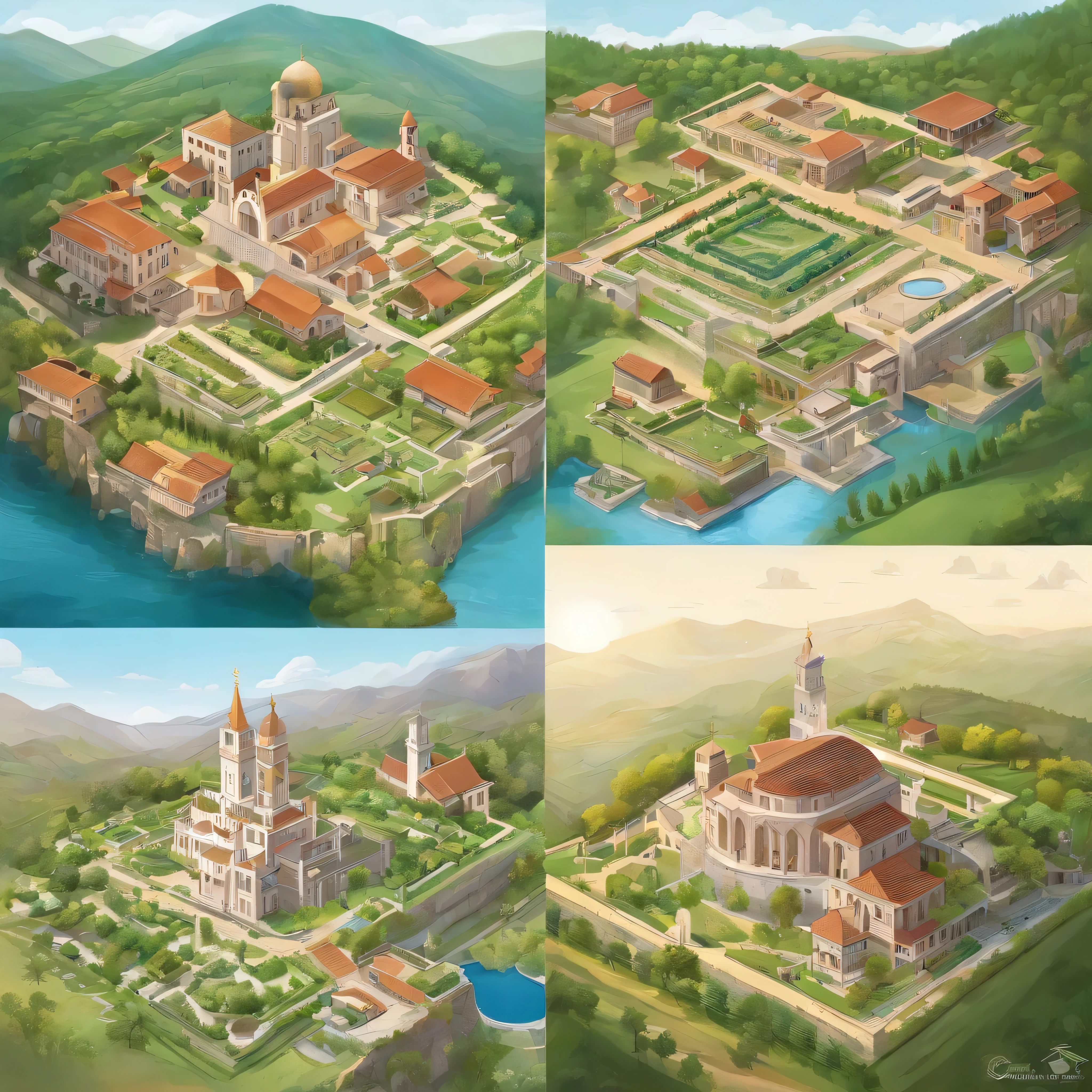 A Byzantine monastery in the mountains of Lebanon, characterized by exceptional natural beauty, as it is surrounded by a beautiful green forest that gives it an atmosphere of peace and tranquility.. The monastery is characterized by a large central courtyard with a water fountain in the middle, which gives the place some freshness and beauty, while the large cross in the middle is characterized by tranquility and spiritual tranquility.. The monastery is surrounded by farms, plastic tents, and fruitful vineyards, giving it an attractive and vibrant appearance.. Several buildings can be seen connected to the monastery, reflecting the traditional religious architecture of the area, with little orchards and agriculture surrounding it. The monastery houses a community of monks who live a simple and spiritual life, dedicated to prayer, meditation and charitable work
