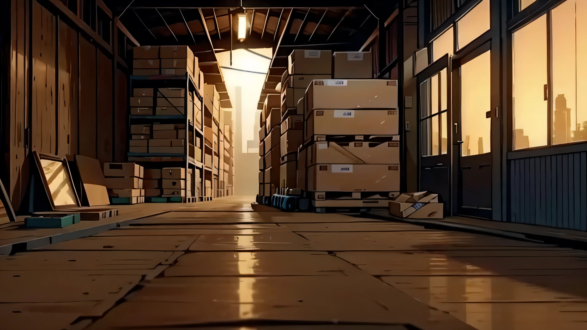 dimly lit warehouse，Many express parcels，The ground is dry