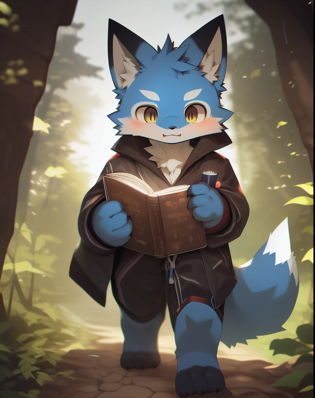 nj5furry,kemono,full-length portrait,anthro,hi res,Blue fur,male,juvenile,Outdoor adventure clothing,Blue fox,Detailed eyes,Delicate eyes,Extremely high detail,8k high definition characters,Handheld a magic book