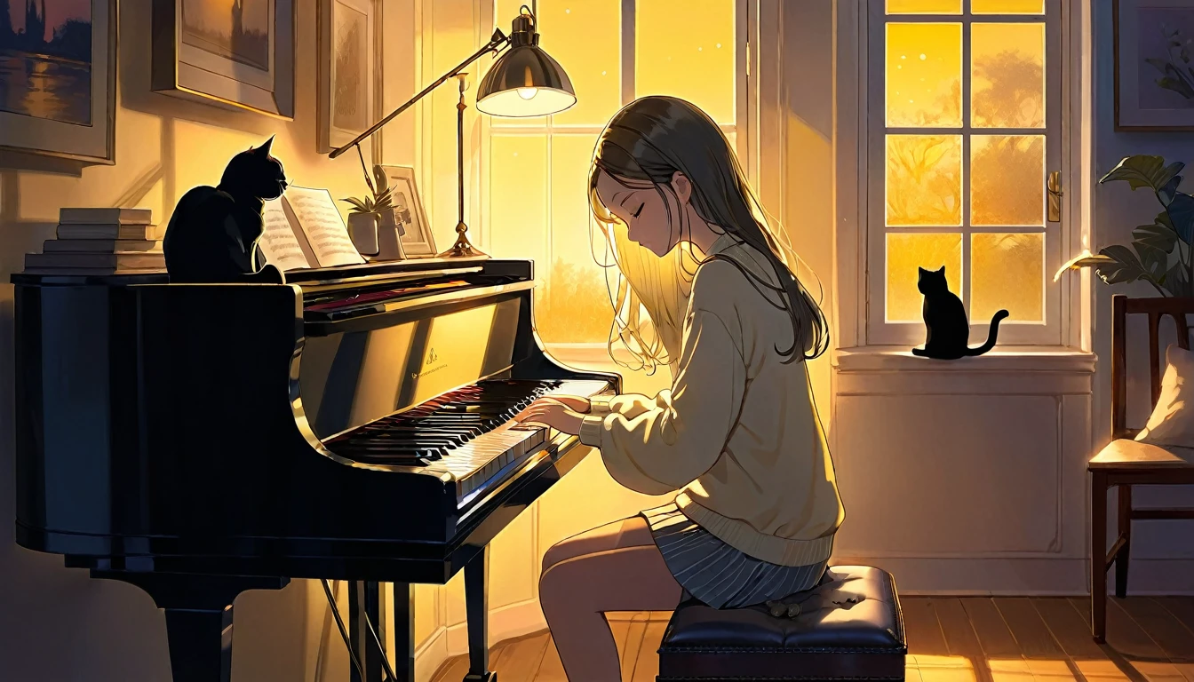 A dusk,
A girl sits in a cozy corner, draw a piano.
The soft yellow light of a desk lamp illuminates her thoughtful expression, revealing deep concentration and a calm posture.
Her gentle gaze is comforting.
It adds to the quiet evening atmosphere, creating a peaceful and tranquil look,with cat.