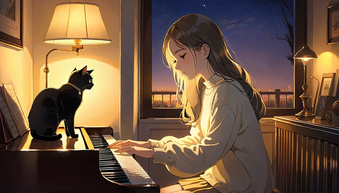 A dusk,
A girl sits in a cozy corner, draw a piano.
The soft yellow light of a desk lamp illuminates her thoughtful expression, revealing deep concentration and a calm posture.
Her gentle gaze is comforting.
It adds to the quiet evening atmosphere, creating a peaceful and tranquil look,with cat.
