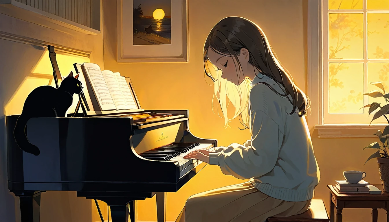 A dusk,
A girl sits in a cozy corner, draw a piano.
The soft yellow light of a desk lamp illuminates her thoughtful expression, revealing deep concentration and a calm posture.
Her gentle gaze is comforting.
It adds to the quiet evening atmosphere, creating a peaceful and tranquil look,with cat.
