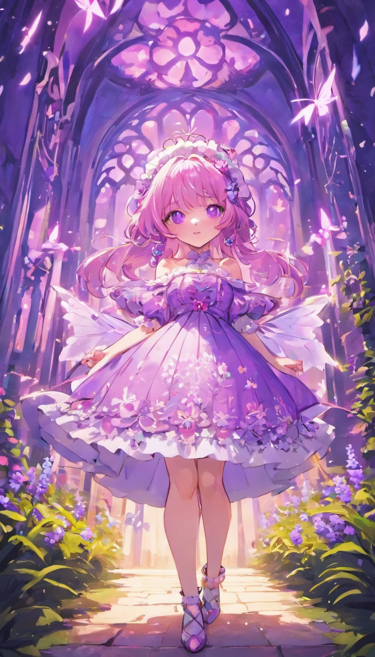 Help me draw a picture:,illustration,tilt shift lens,full body shot,Pink, purple and white witch,Wearing a large sunhat made of white lace,Decorated with flowers and erfly wings,Looking at the camera with mysterious purple eyes,Wearing very beautiful lolithes,Off-shoulder,Ears with pink crystal earrings,hands holding lavender bouquet,in the botanical garden,night